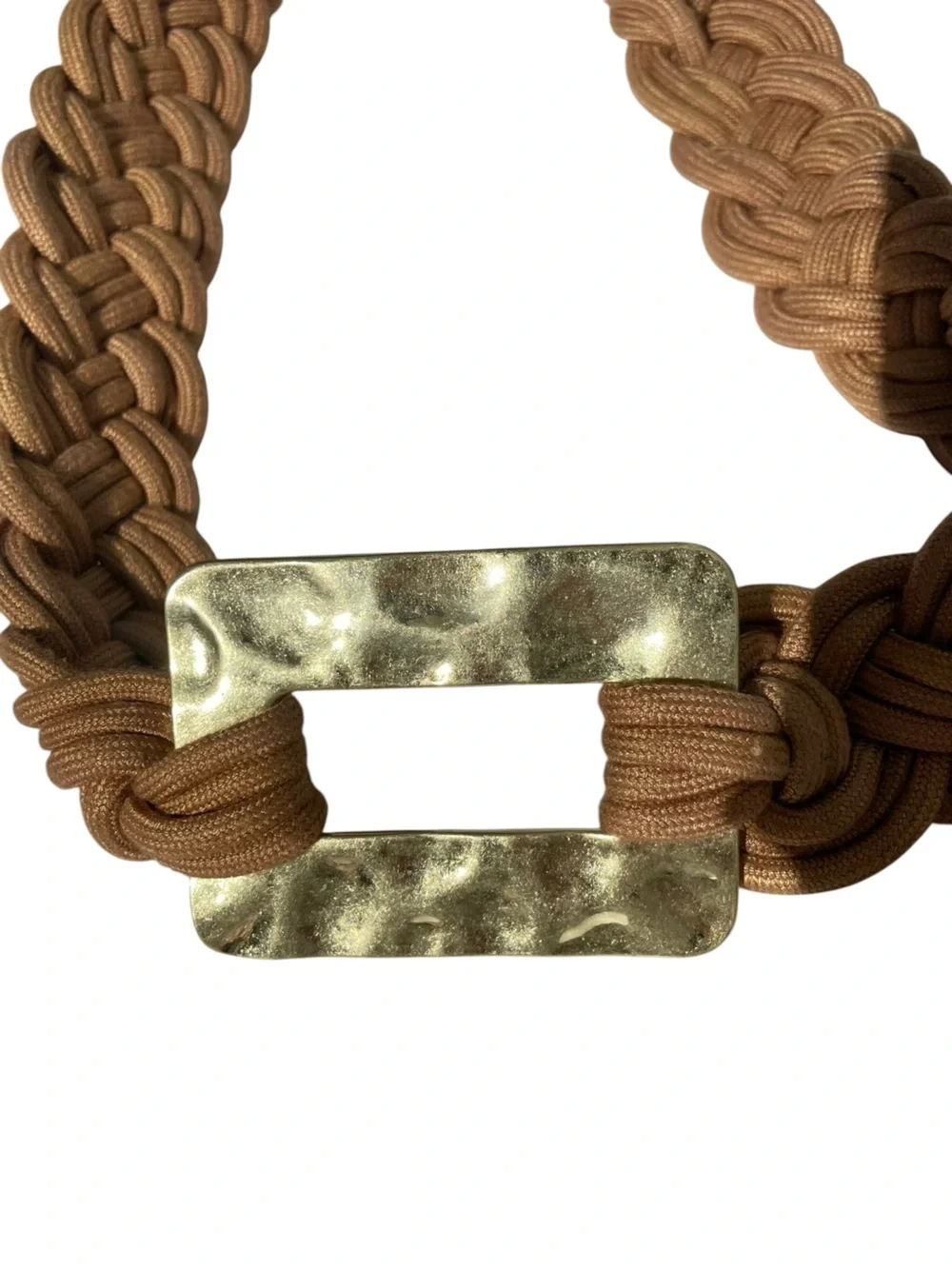 Vintage 80s Braided Cord Belt Artsy Boho Costal Large Hammered Metal Buckle Gold